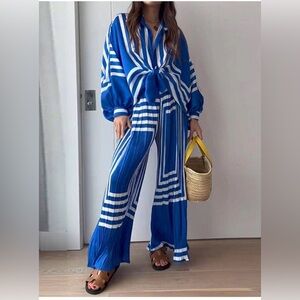 Printed Striped Shirt Pleated Straight Wide-Leg Pants Suit